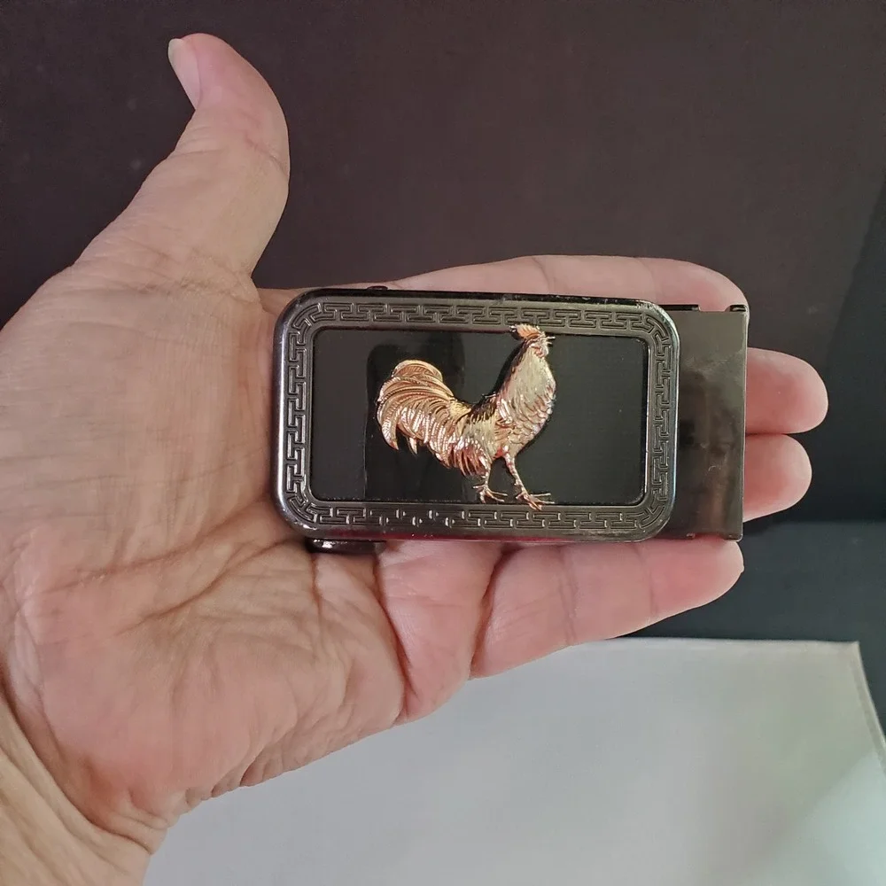 Gold Tone Rooster Automatic Ratchet Belt Buckle Black Enamel Greek Key Border